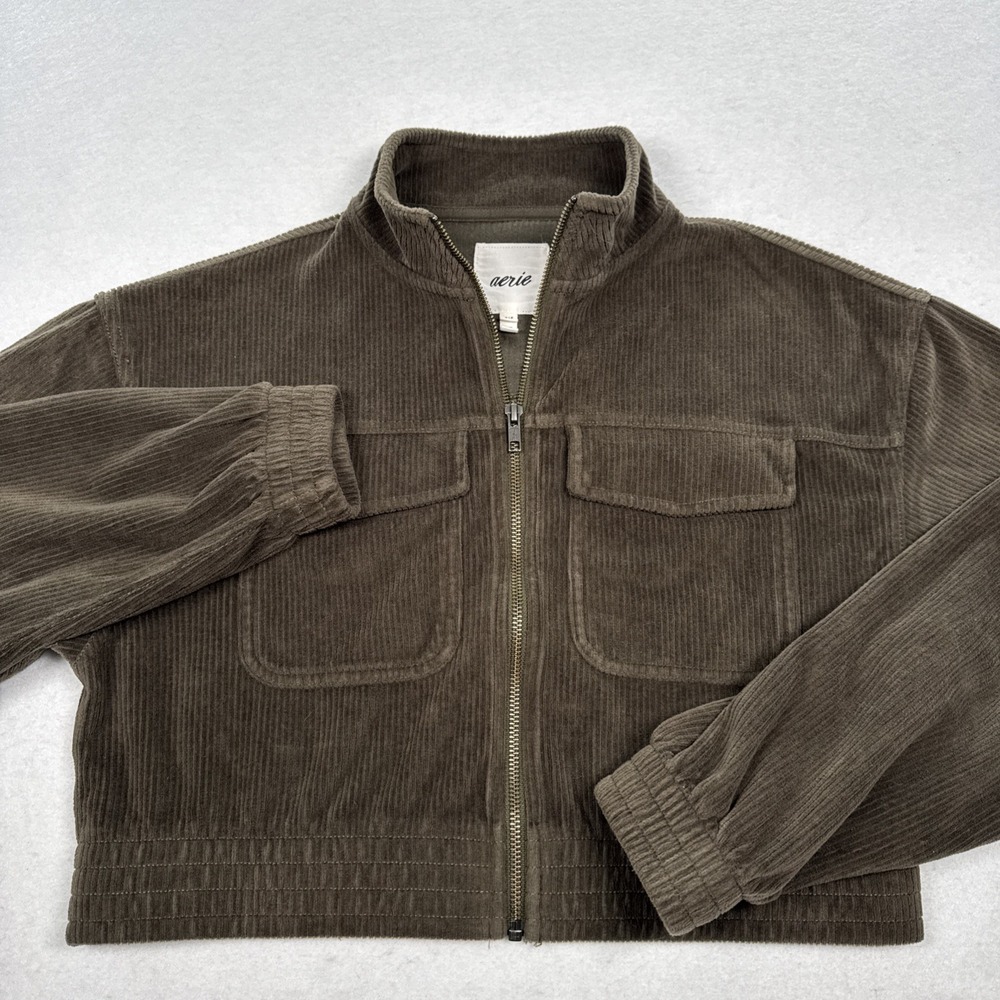 Aerie Olive Green Groove On Velour Corduroy Cropped Zip Up Jacket Womens Small